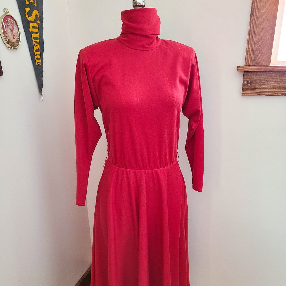 Vintage Red Women's Dress, Knee Length, High Neck Turtleneck Casual Dress